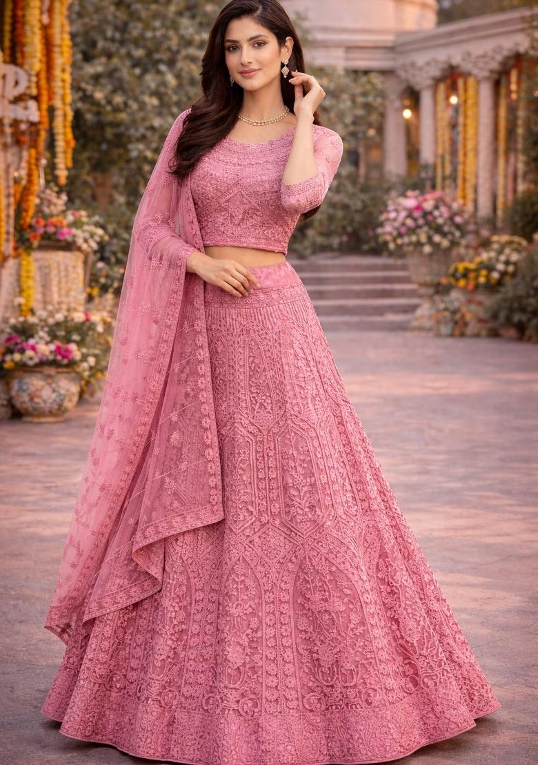 Dusty Embroidered Net Lehenga Set - Indya