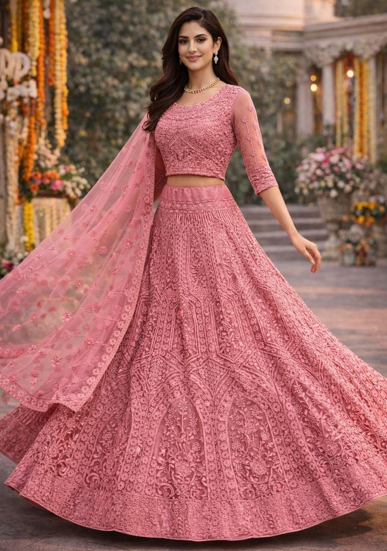 Dusty Embroidered Net Lehenga Set - Indya