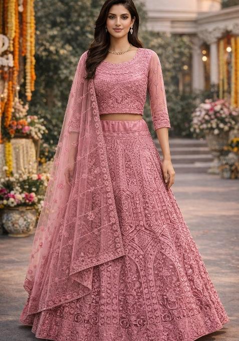 Dusty Embroidered Net Lehenga Set