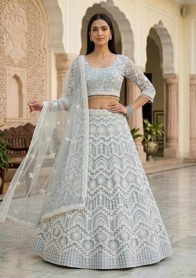 Sky Blue Embroidered Net Lehenga Set - Indya