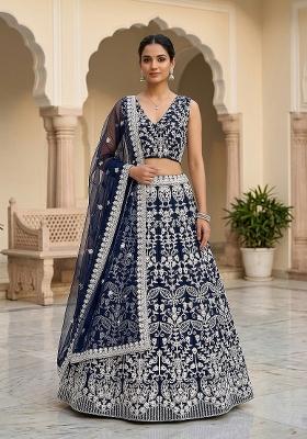 Blue Embroidered Net Lehenga Set