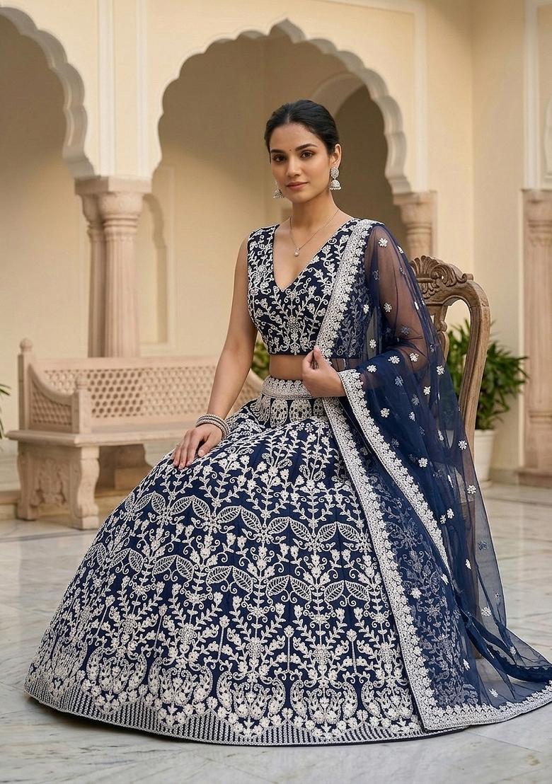 Blue Embroidered Net Lehenga Set - Indya