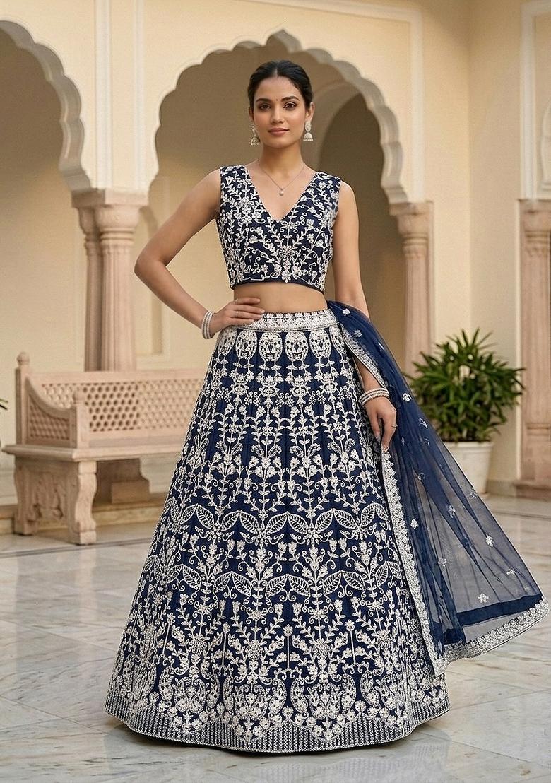 Blue Embroidered Net Lehenga Set - Indya