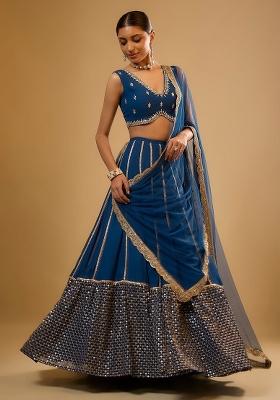 Blue Embroidered Georgette Lehenga Set
