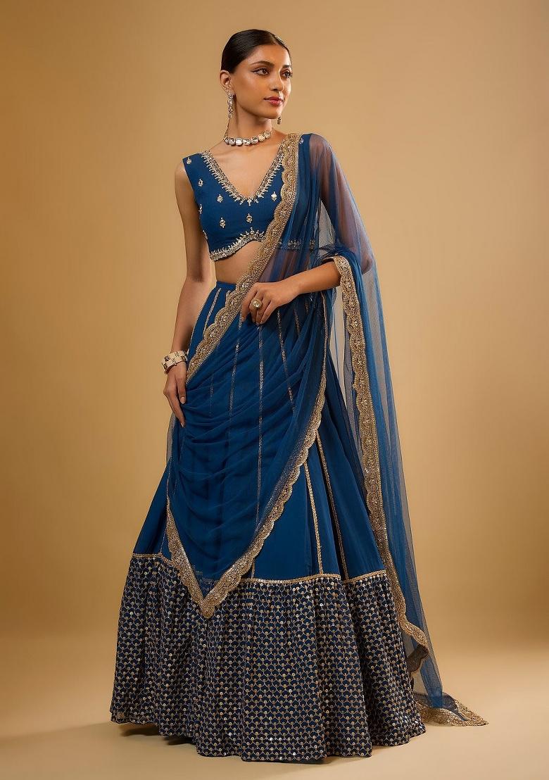 Blue Embroidered Georgette Lehenga Set - Indya