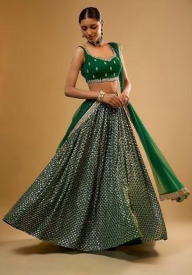 Green Embroidered Georgette Lehenga Set