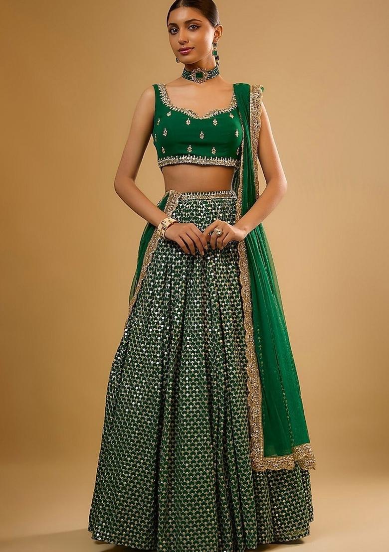 Green Embroidered Georgette Lehenga Set - Indya