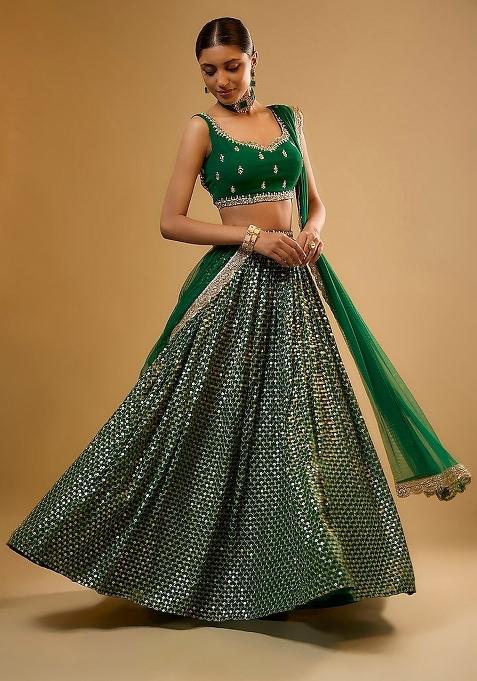 Green Embroidered Georgette Lehenga Set