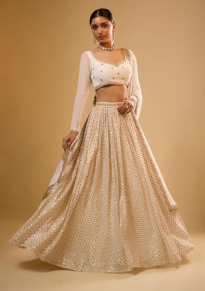 White Embroidered Georgette Lehenga Set - Indya