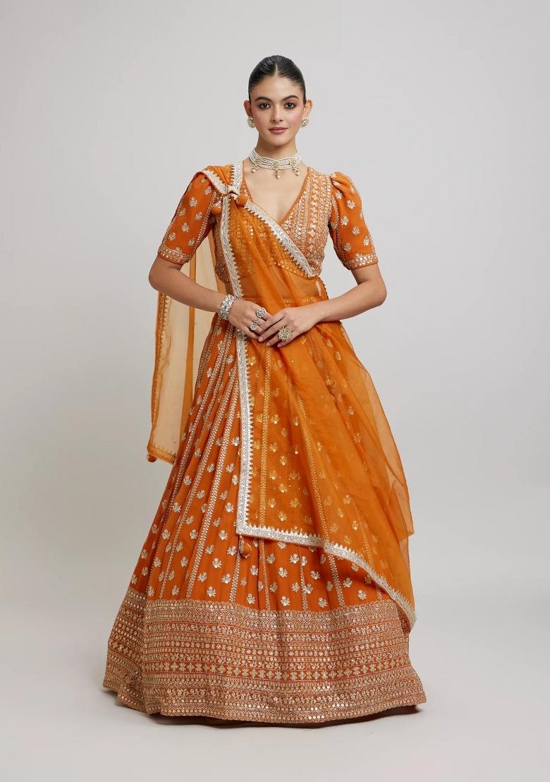 Orange Embroidered Georgette Lehenga Set - Indya