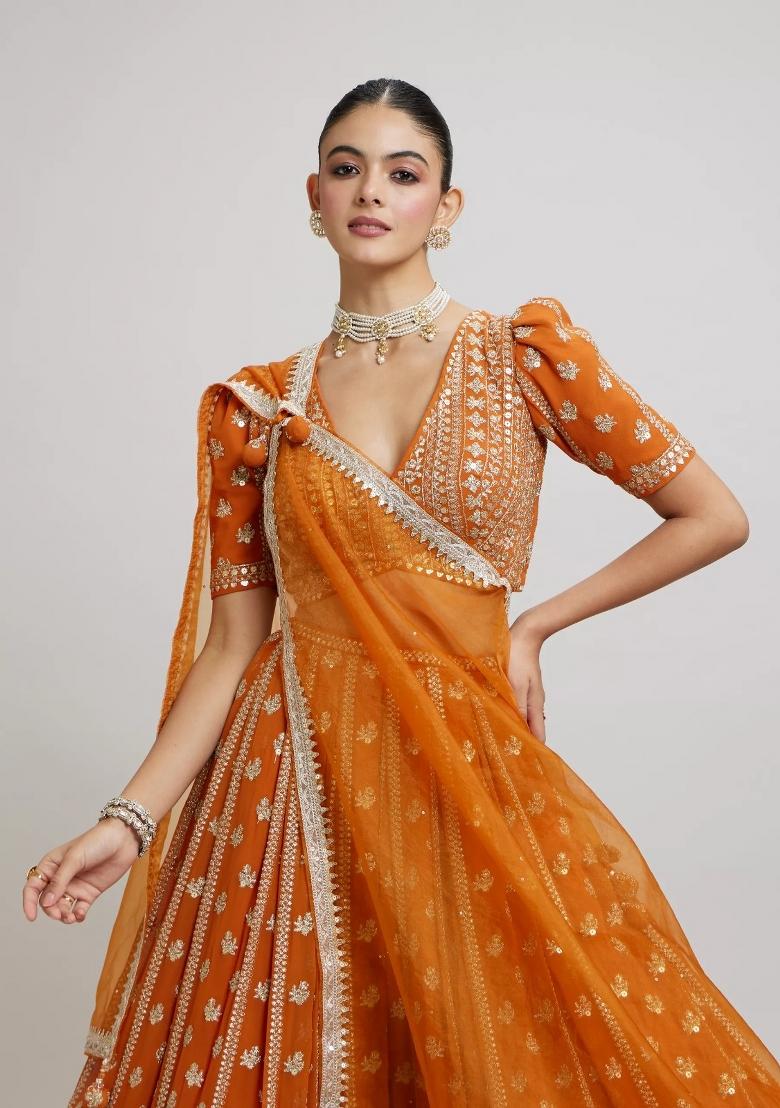 Orange Embroidered Georgette Lehenga Set - Indya