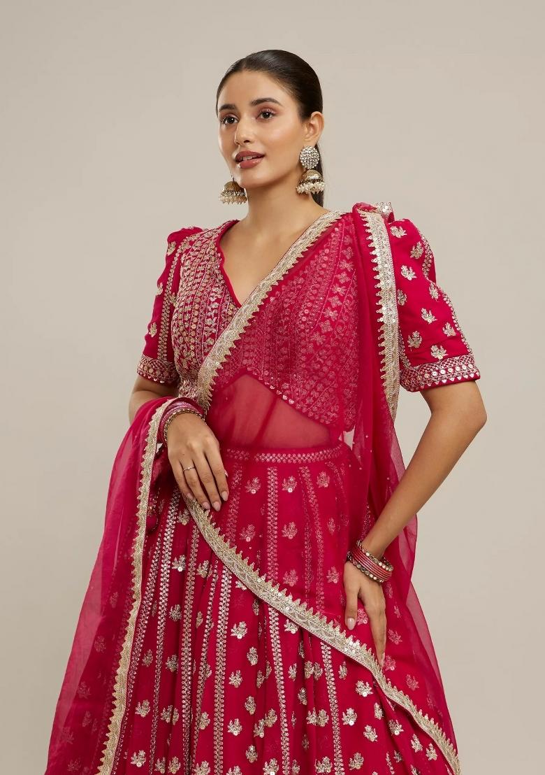 Pink Embroidered Georgette Lehenga Set - Indya