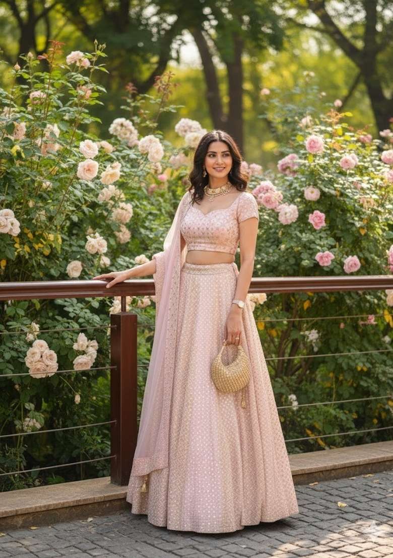 Baby Pink Georgette Lehenga Set with Embroidered for Diwali | Wedding & Festive Wear - Indya