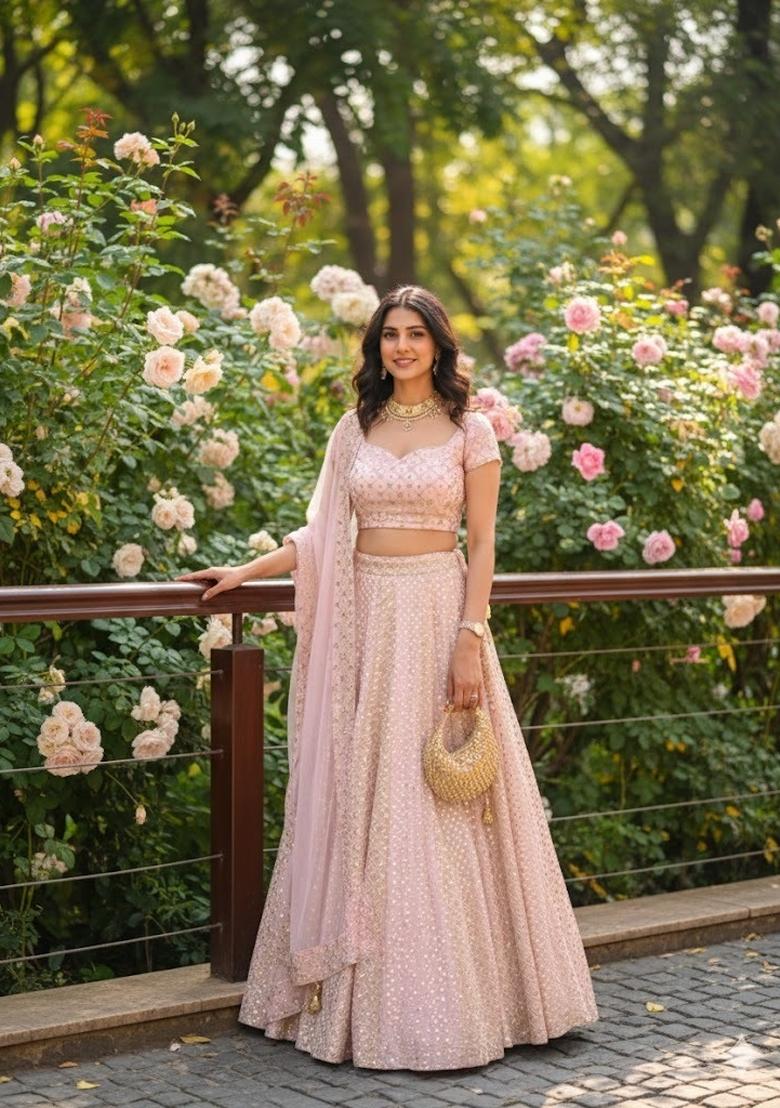 Baby Pink Embroidered Georgette Lehenga Set - Indya