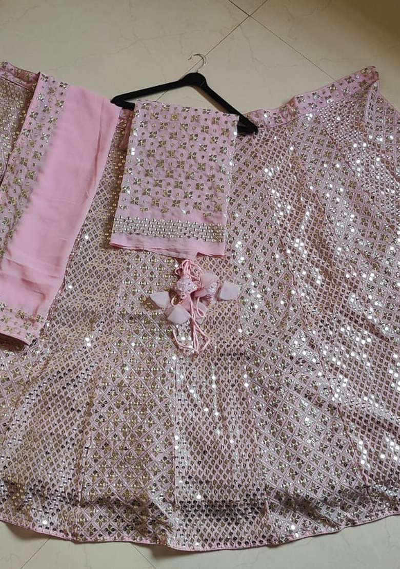 Baby Pink Georgette Lehenga Set with Embroidered for Diwali | Wedding & Festive Wear - Indya