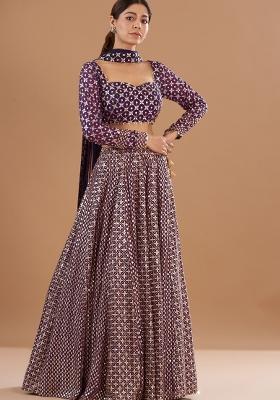 Purple Embroidered Georgette Lehenga Set