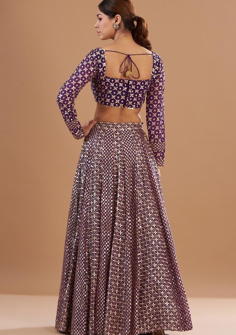Purple Embroidered Georgette Lehenga Set - Indya