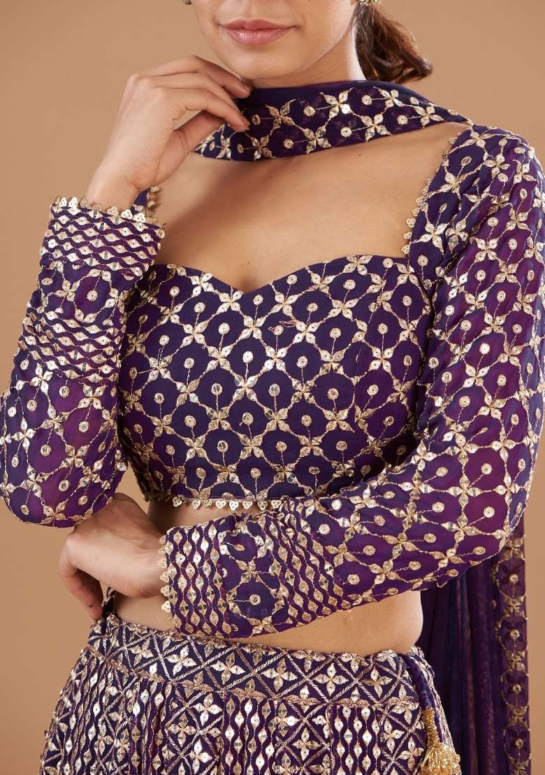 Purple Georgette Lehenga Set with Embroidered for Diwali | Wedding & Festive Wear - Indya