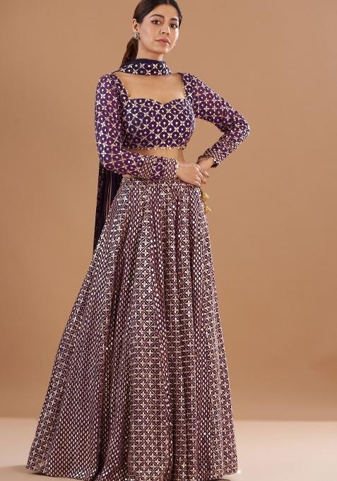 Purple Embroidered Georgette Lehenga Set