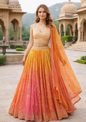 Orange Embroidered Organza Lehenga Set