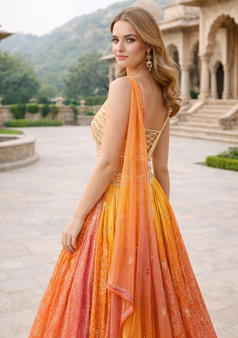 Orange Embroidered Organza Lehenga Set - Indya