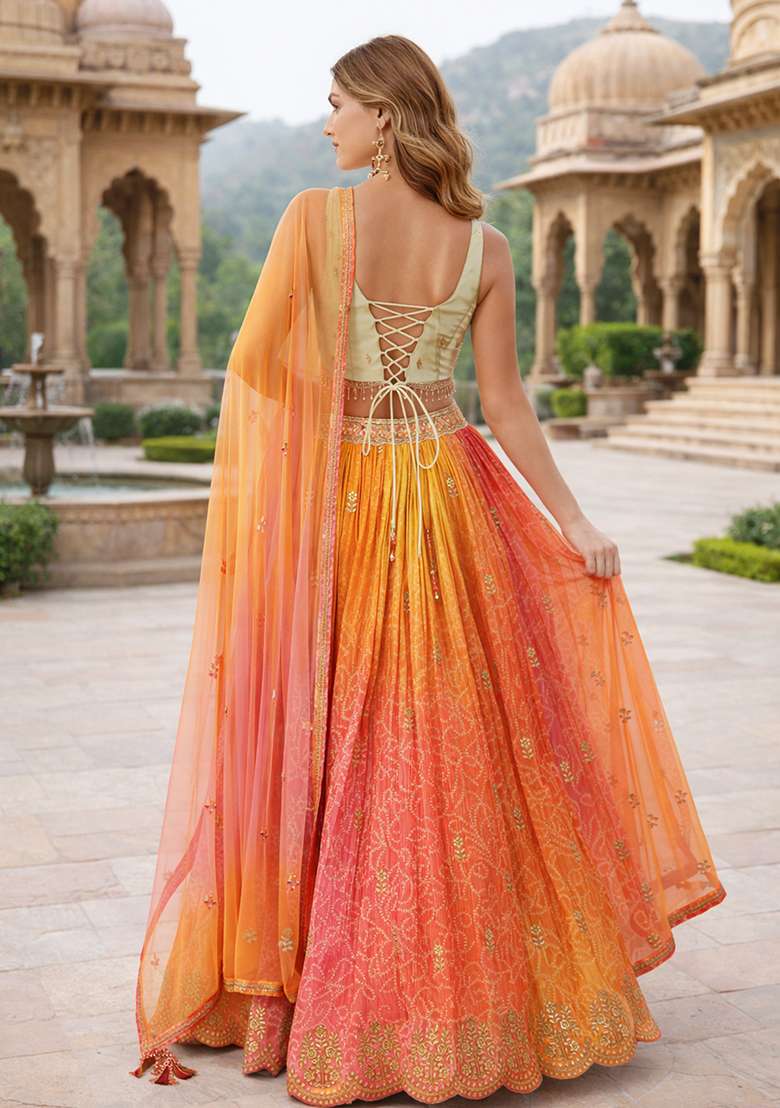 Orange Organza Lehenga Set with Embroidered for Diwali | Wedding & Festive Wear - Indya