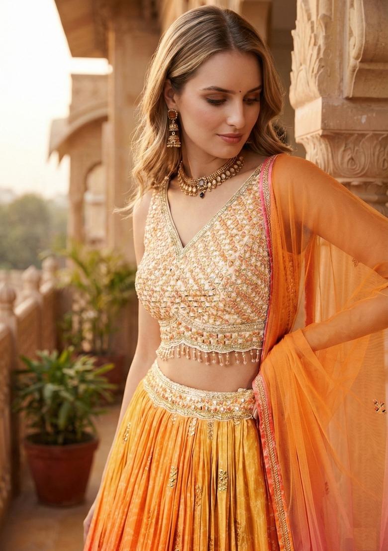 Orange Embroidered Organza Lehenga Set - Indya