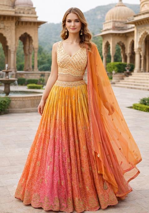 Orange Embroidered Organza Lehenga Set