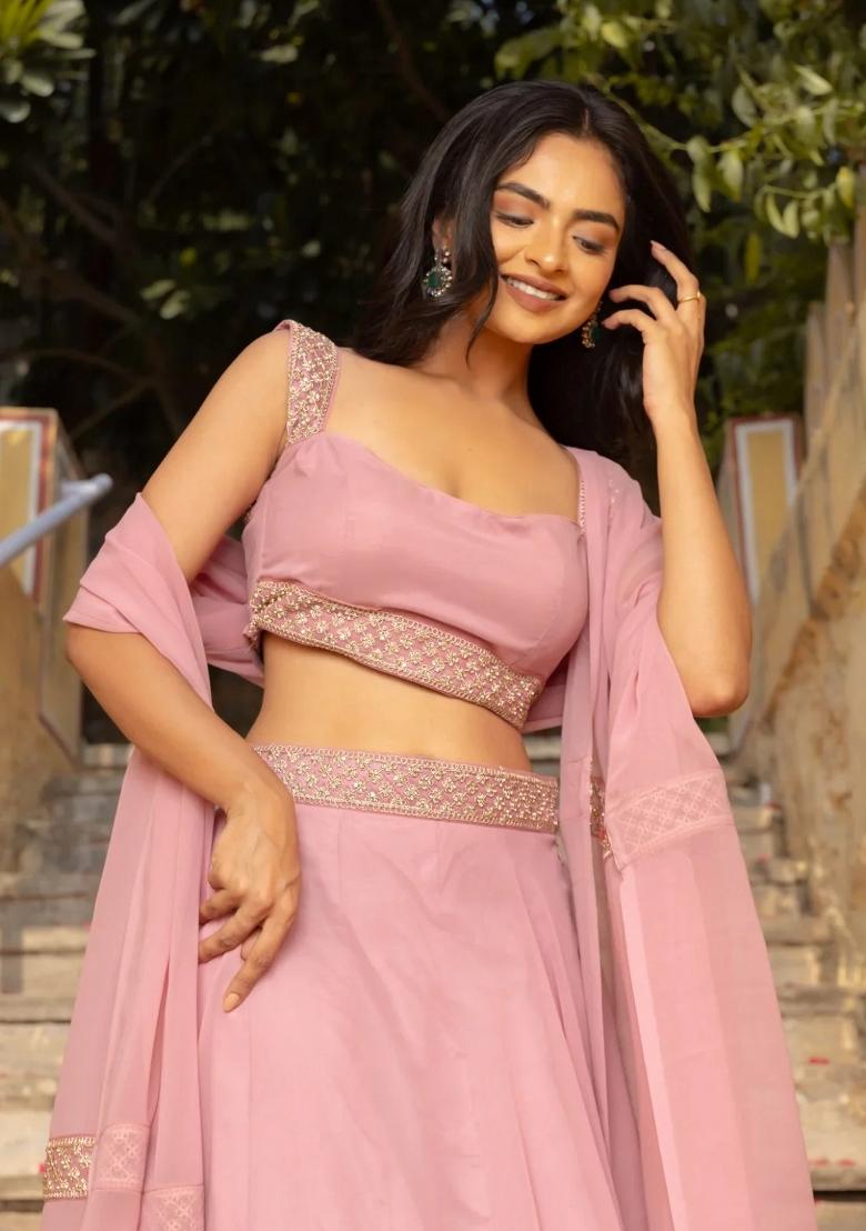 Pink Embroidered Georgette Lehenga Set - Indya