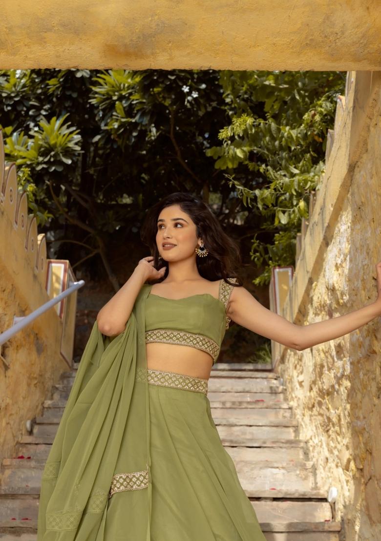 Green Embroidered Georgette Lehenga Set - Indya