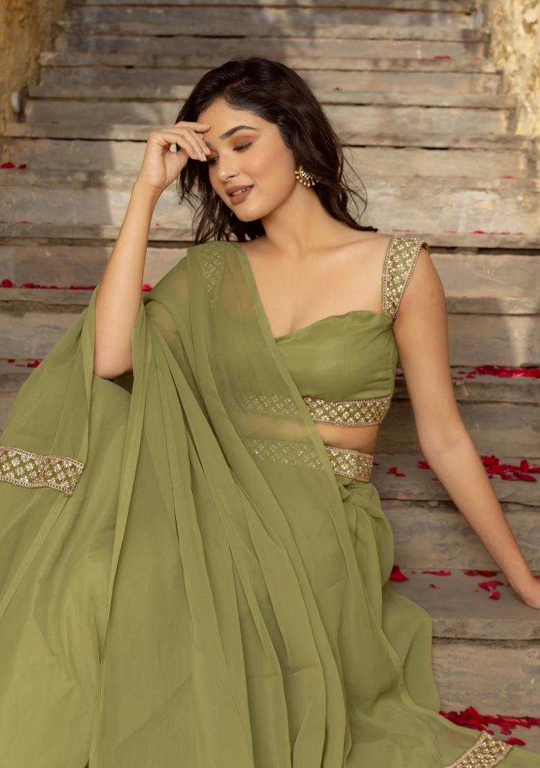 Green Embroidered Georgette Lehenga Set - Indya