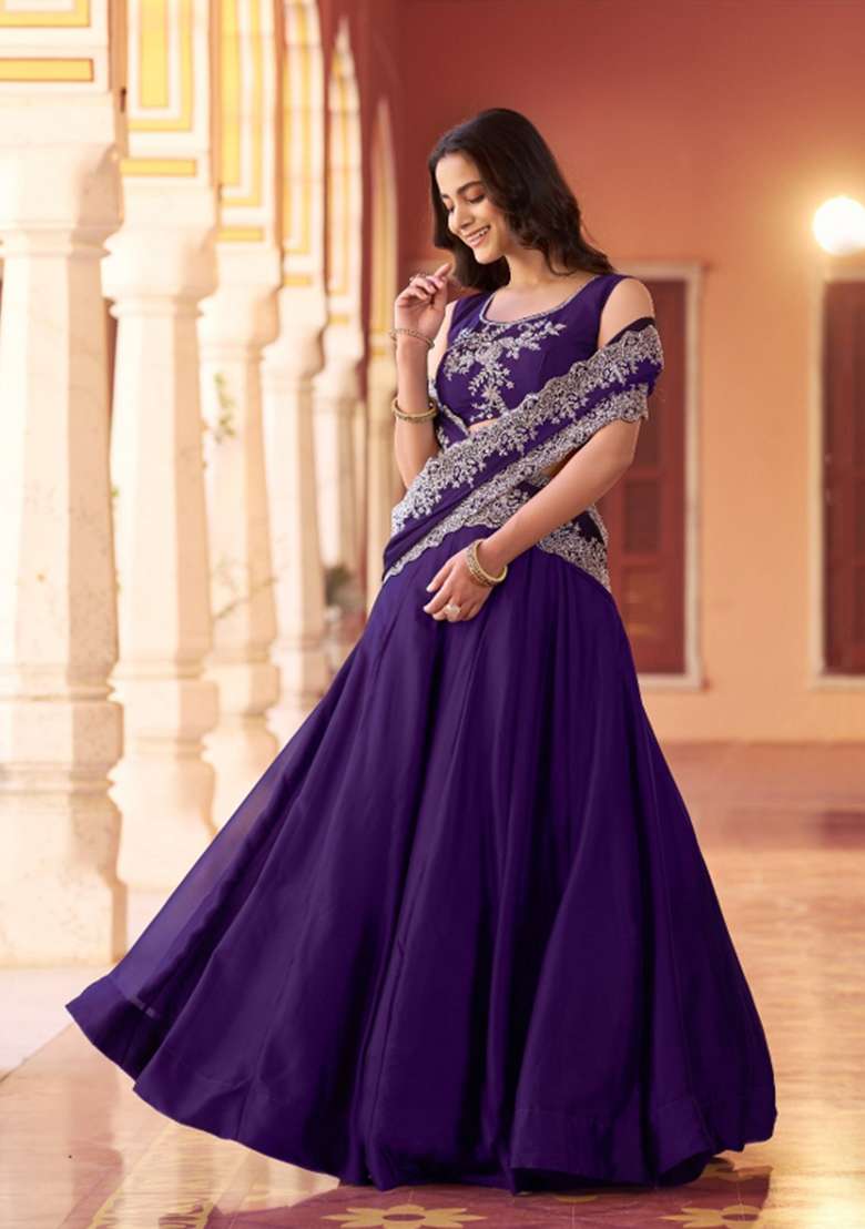 Purple Embroidered Silk Blend Lehenga Set for Diwali and Festive Wear - Indya