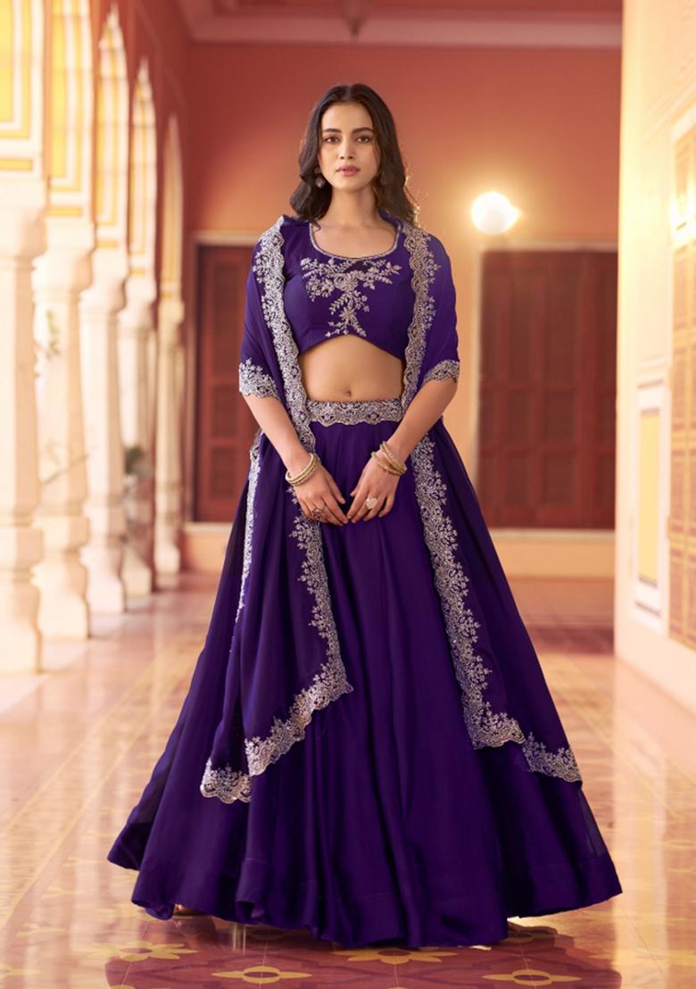 Purple Embroidered Silk Blend Lehenga Set - Indya