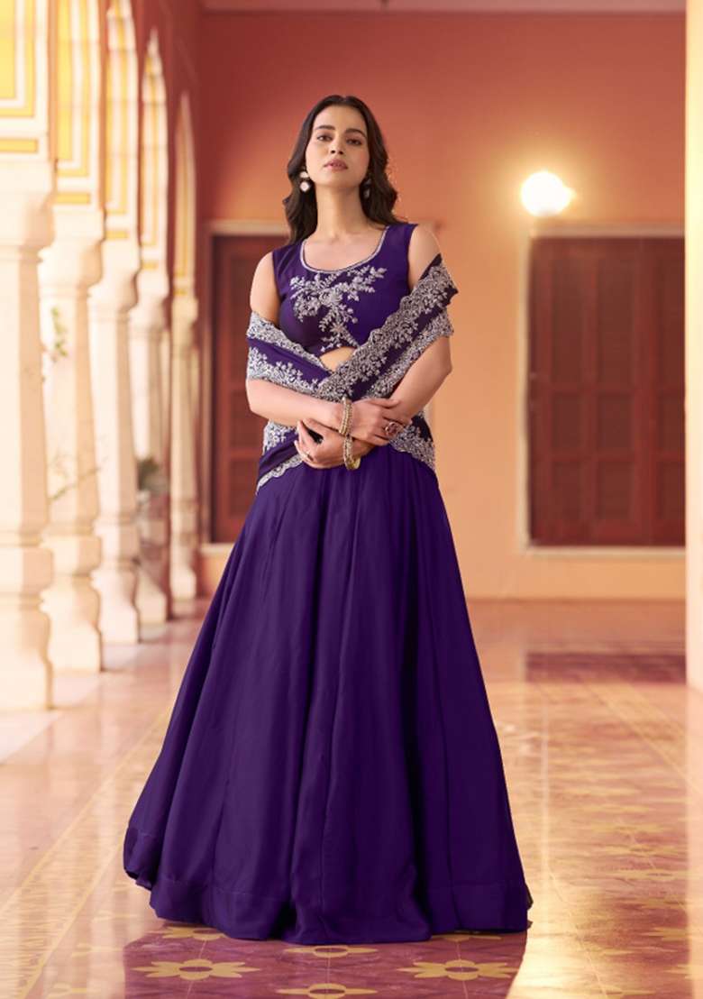 Purple Embroidered Silk Blend Lehenga Set for Diwali and Festive Wear - Indya