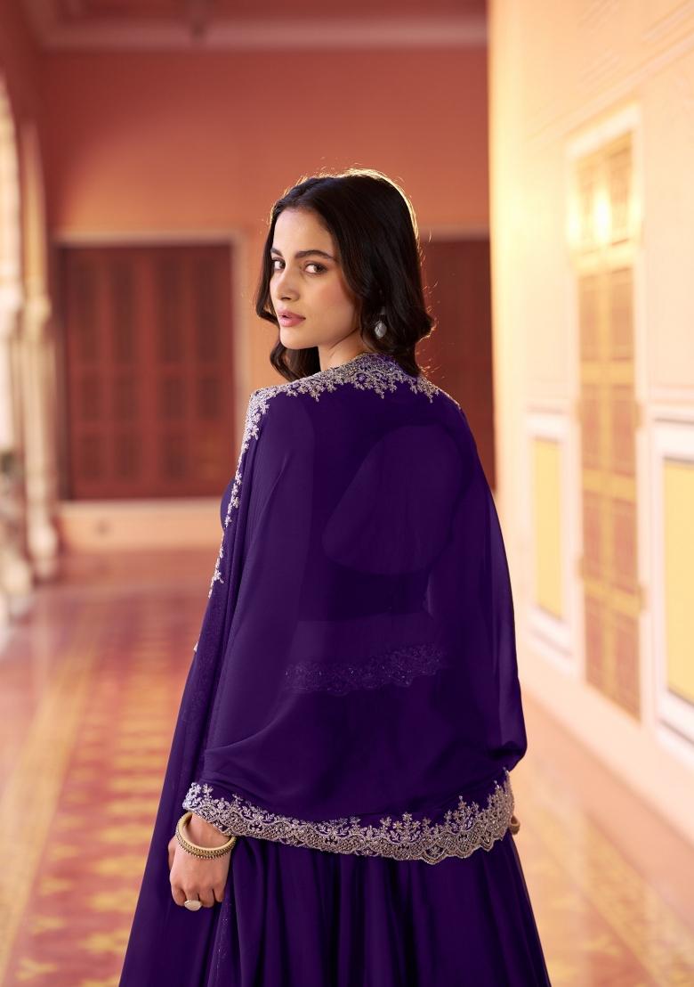 Purple Embroidered Silk Blend Lehenga Set - Indya