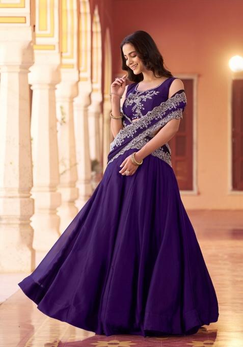 Purple Embroidered Silk Blend Lehenga Set