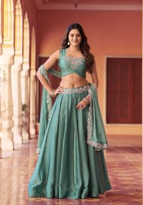Sky Blue Embroidered Silk Blend Lehenga Set