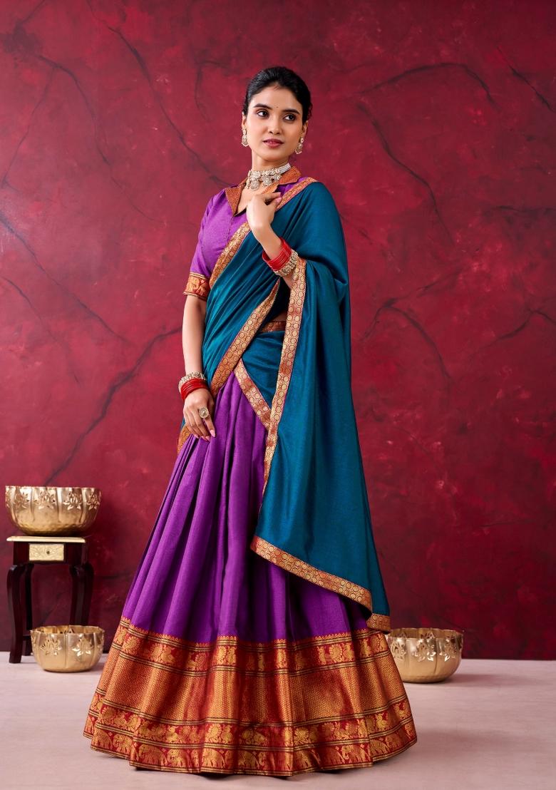 Purple Zari Work Cotton Lehenga Set - Indya