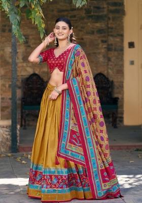 Mustard Printed Silk Blend Lehenga Set