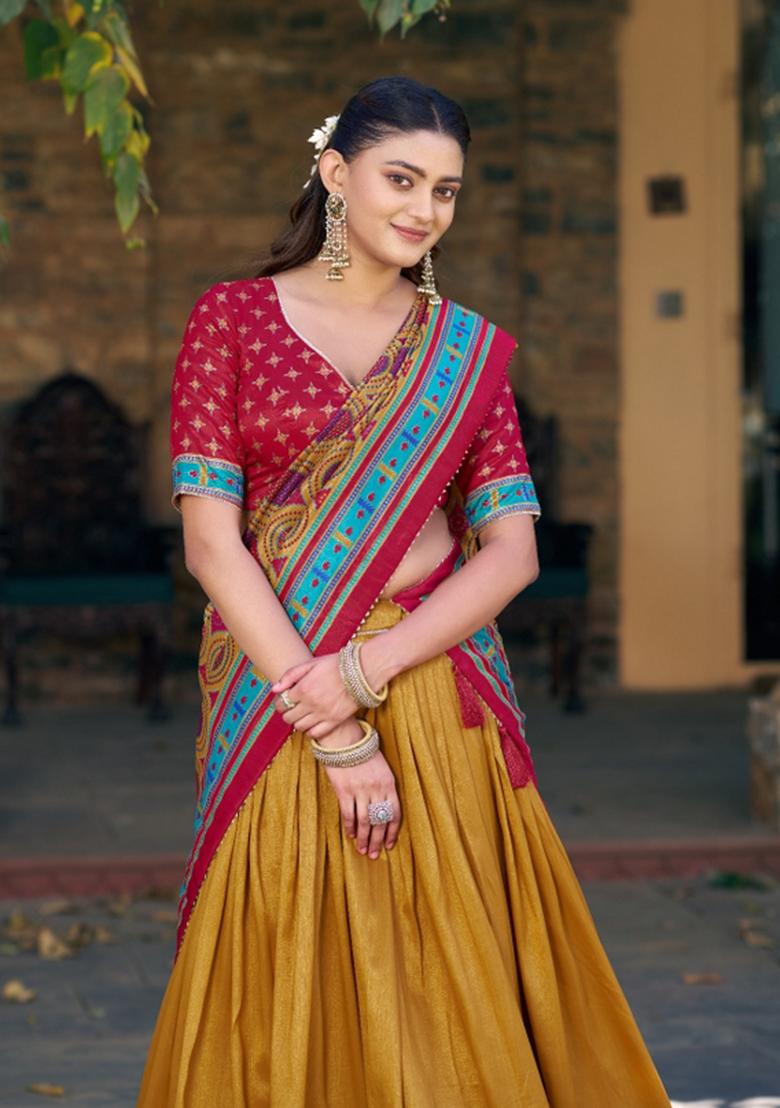 Mustard Printed Silk Blend Lehenga Set - Indya