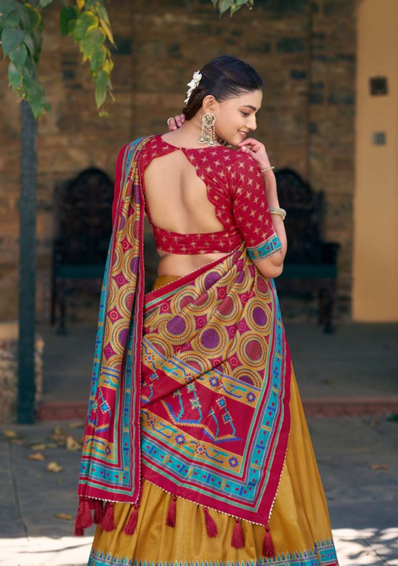 Mustard Printed Silk Blend Lehenga Set for Diwali and Festive Wear - Indya