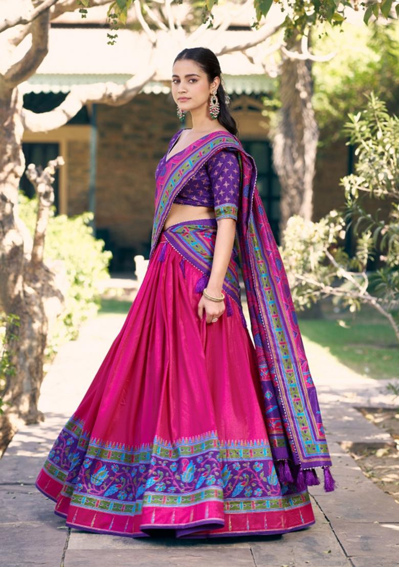 Pink Printed Silk Blend Lehenga Set - Indya