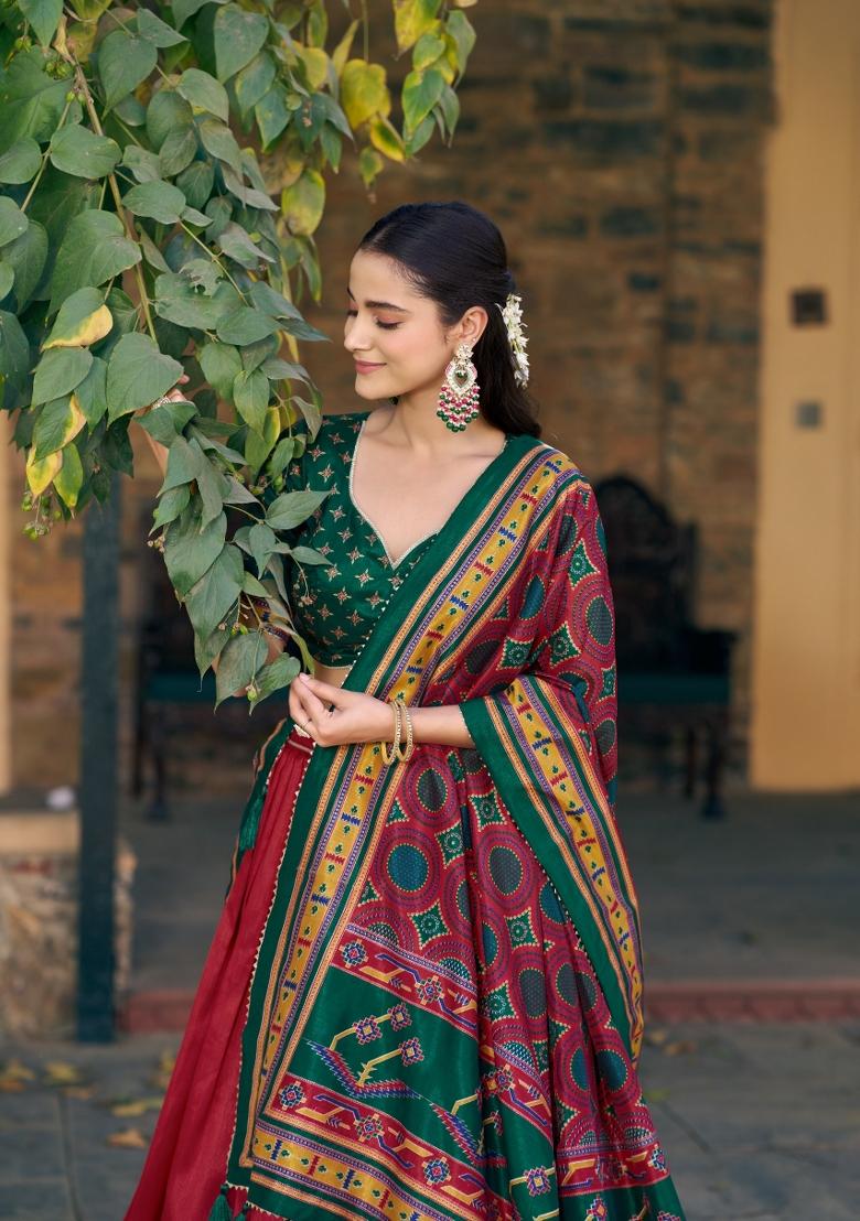 Red Printed Silk Blend Lehenga Set - Indya