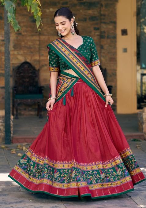 Red Printed Silk Blend Lehenga Set