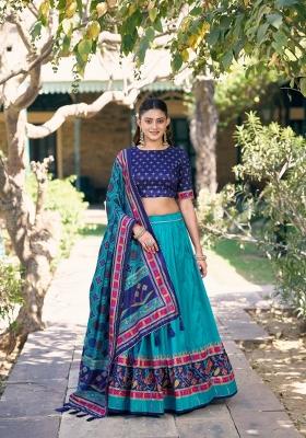 Sky Blue Printed Silk Blend Lehenga Set