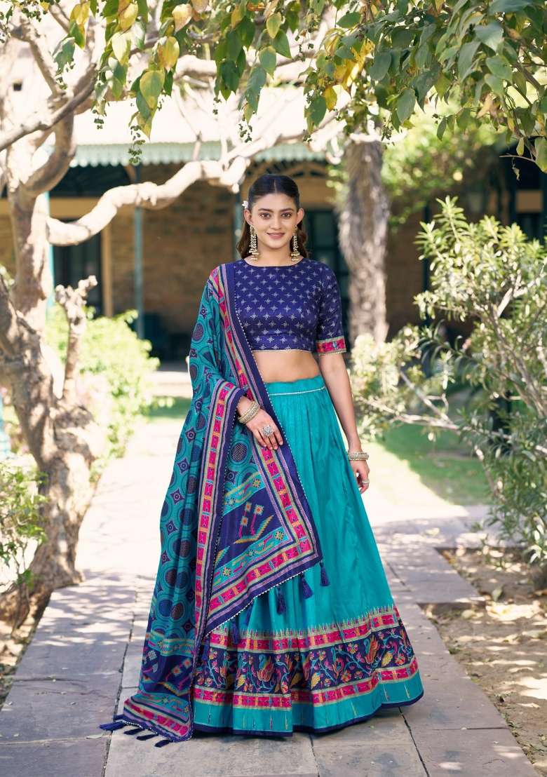 Sky Blue Printed Silk Blend Lehenga Set for Diwali and Festive Wear - Indya