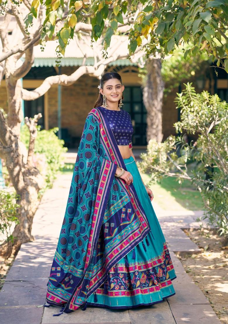 Sky Blue Printed Silk Blend Lehenga Set - Indya