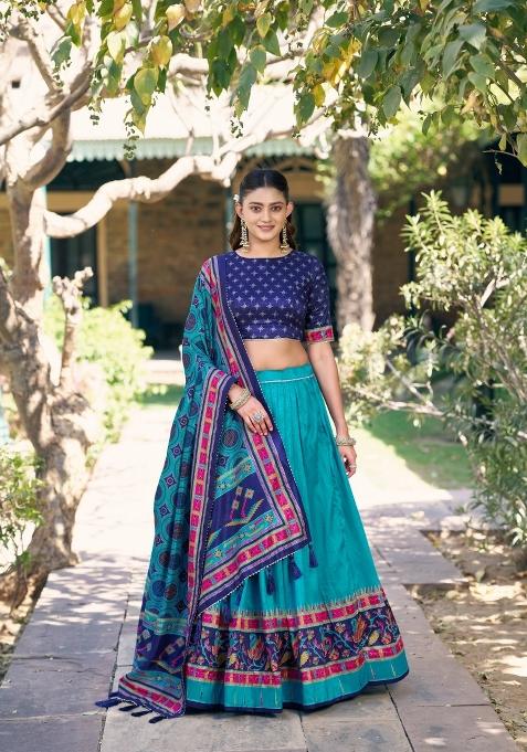 Sky Blue Printed Silk Blend Lehenga Set