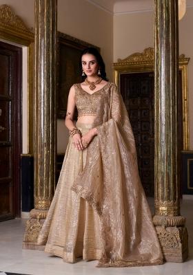 Cream Solid Silk Blend Lehenga Set