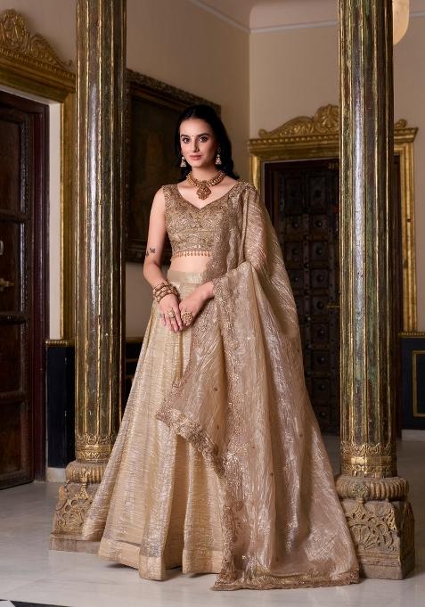 Cream Solid Silk Blend Lehenga Set
